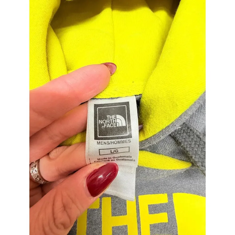 The North Face Men’s Large Gray Hoodie Neon Yellow Logo Pullover Sweatshirt